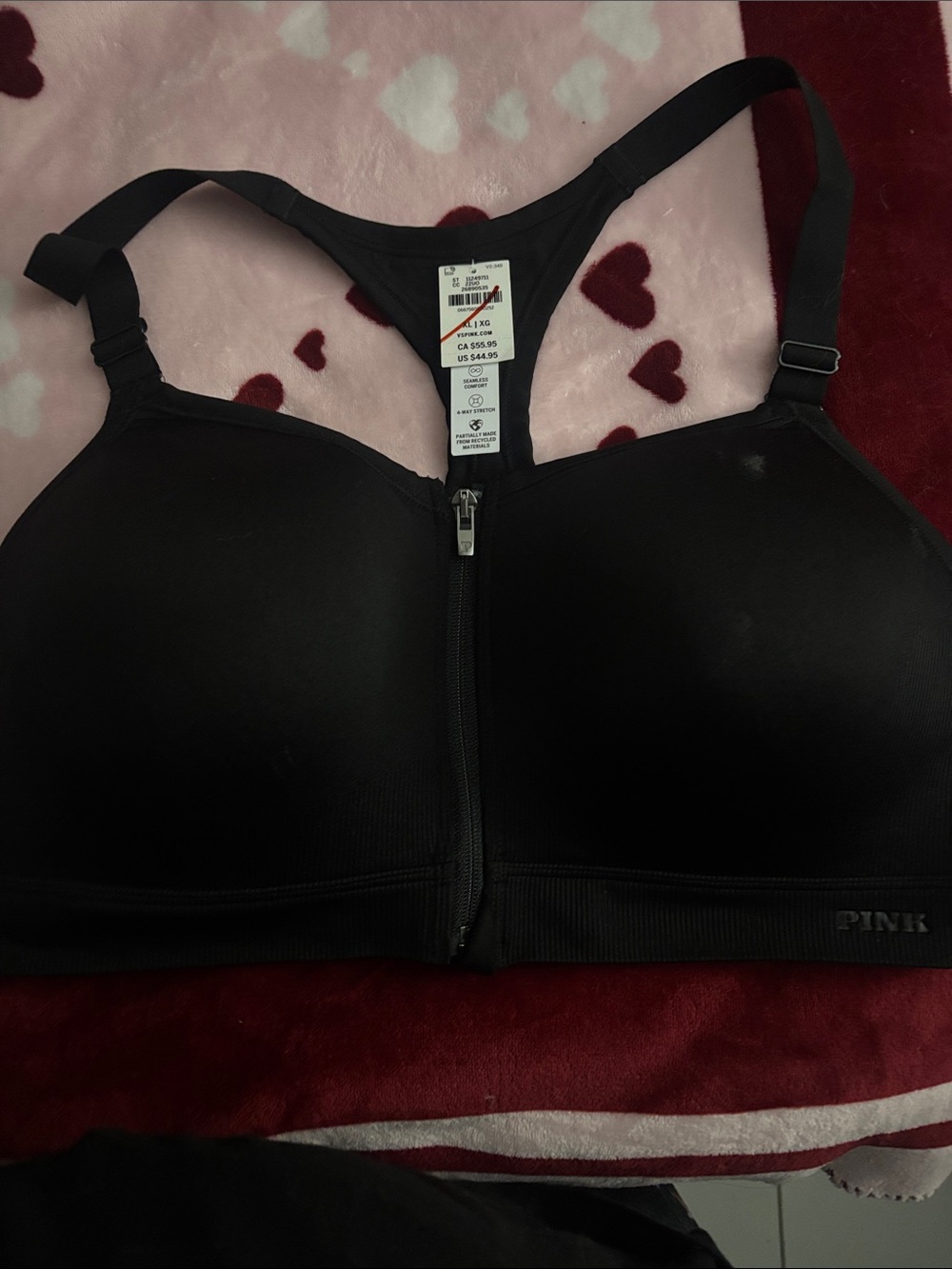 PINK Victoria's Secret Black Front-Zip Racerback Sports Bra